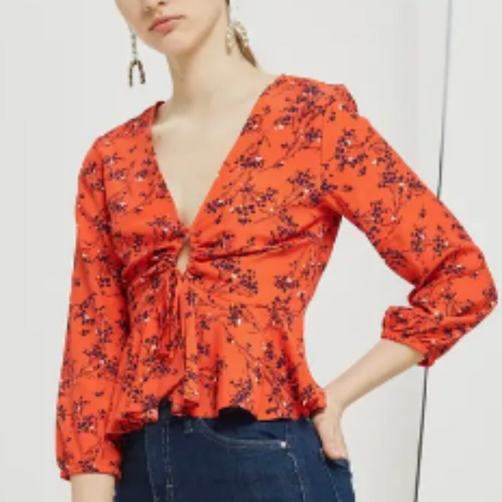 Topshop Size 4 Betty Poppy-Red with Blue White Floral Print Keyhole Blouse